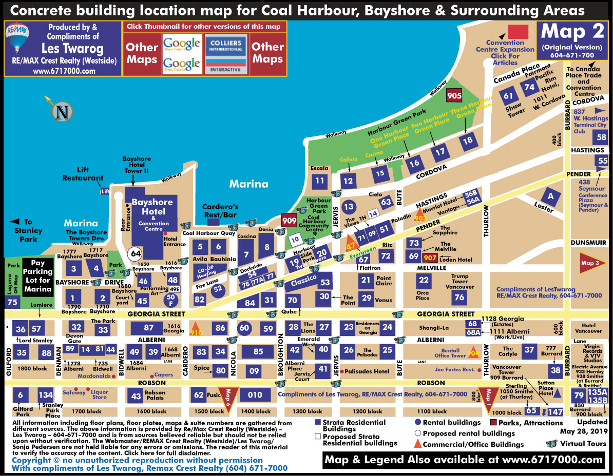 Detailed Interactive Downtown Vancouver Building Location Maps with Individual Building Listings & Sale History Including Rentals for MAP 2 - Coal Harbour, Bayshore Area & Part of Westend