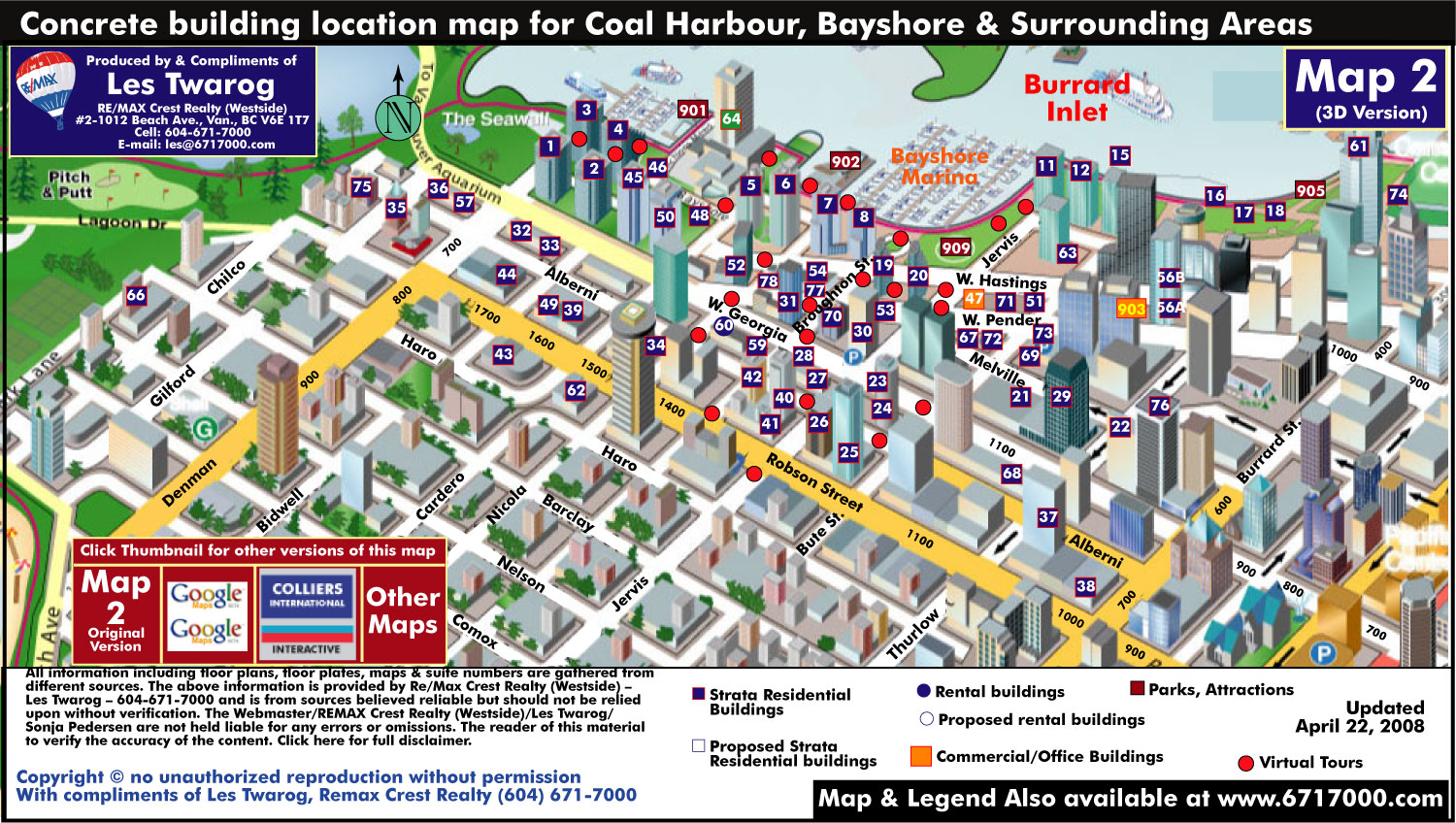 Detailed Interactive Downtown Vancouver Building Location Maps with Individual Building Listings & Sale History Including Rentals for MAP 2 - Coal Harbour, Bayshore Area & Part of Westend - 3d Map